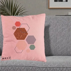 Perna Decorativa Geometric Hexagoane Multicolor, 40x40 cm, Roz, Husa Detasabila, Perna Inclusa, BEKZ®