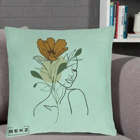 Perna Decorativa Portret Feminin Floare Portocalie, 40x40 cm, Verde Menta, Husa Detasabila, Perna Inclusa, BEKZ®