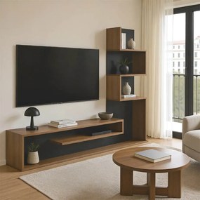 Comoda TV Cazeno cu biblioteca, finisaj stejar si gri inchis, 160 x 29 x 126 cm