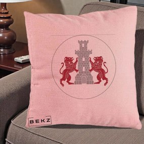Perna Personalizata Cetatea Turnu Magurele Heraldic, 40x40 cm, Roz, Husa Detasabila, Perna Inclusa, BEKZ®