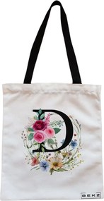 Sacosa de Panza pentru Cumparaturi, Geanta Tote, Cu litera D in Coronita Florala, Cu fermoar, 38x34.5 cm, Alba, BEKZ®
