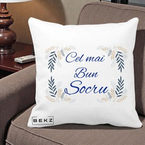 Cadou pentru Socru - Perna Personalizata Cel mai Bun Socru cu Ramuri Frunze Albastre si Aurii, 40x40 cm, Alba Mata, Husa Detasabila, Perna Inclusa, BEKZ®