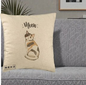 Perna Personalizata Pisica Meow Acuarela, 40x40 cm, Bej, Husa Detasabila, Perna Inclusa, BEKZ®