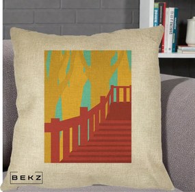 Perna Decorativa Scari Toamna Peisaj Grafic, 40x40 cm, Crem, Husa Detasabila, Perna Inclusa, BEKZ®