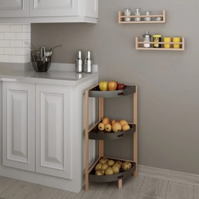 Etajera din lemn masiv cu 3 polite din plastic HouseXL™ B-Wood Mini Organizer, Pentru bucatarie, Baie, Living si Birou, Inaltime 80 cm, Raft, Design
