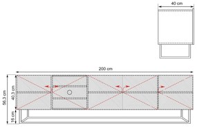 Comodă TV Asha 200 cm pe bază metalică - artizanal / negru mat