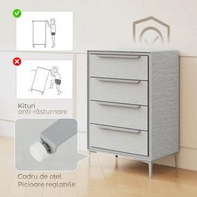 HOMCOM Comoda cu 4 Sertare în Oțel cu Acoperire în Țesut cu Efect de In, 60x36x88 cm, Gri | Aosom Romania