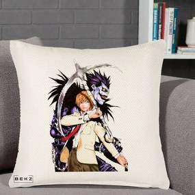 Perna Personalizata Death Note Light si Ryuk Duo, 40x40 cm, Crem Reliefat, Husa Detasabila, Perna Inclusa, BEKZ®