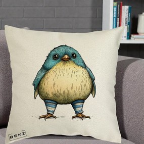 Perna Decorativa Pasare Albastra cu Sosete Albastre, 40x40 cm, Ecru, Husa Detasabila, Perna Inclusa, BEKZ®