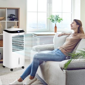 HOMCOM Răcitor de Aer Portabil 4-în-1 de 10L cu Umidificator, Sistem de Răcire, Timer 8 Ore, Telecomandă, pentru Încăperi de până la 20㎡, 60W, ABS, Alb și Negru, 38,2 x 31,6 x 76 cm | Aosom Romania