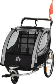 HOMCOM Remorcă pentru bicicletă pentru copii, cărucior pusher, cu frâne, pliabil, pentru 2 copii, Gri/Negru | Aosom Romania