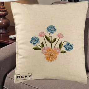 Perna Decorativa Buchet Primavara Acuarela, 40x40 cm, Bej, Husa Detasabila, Perna Inclusa, BEKZ®