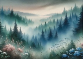 Tablou pe sticlă - Peisaj forestier cu ceață (70x50 cm)