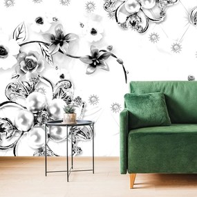Tapet bijuterii florale alb-negru