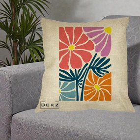 Perna Decorativa Flori Grafice Roz-Orange-Albastru, 40x40 cm, Crem, Husa Detasabila, Perna Inclusa, BEKZ®