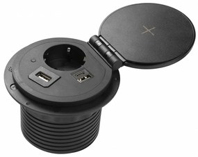 Priza incorporabila rotunda, 1 priza schuko, USB A+C + 1 port interschimbabil(USB A, HDMI, RJ45), incarcare Wireless 5 W, cablu 1.5 m, neagra, GTV