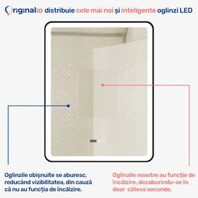 Oglindă LED Dreptunghiulară (70x90 cm), 3 Moduri Iluminare (Lumină Rece, Naturală, Caldă), Intensitate Reglabilă, Funcție Dezaburire, Ceas (Timer) și Termometru, Ramă Aluminiu, Control Tactil (Touch)