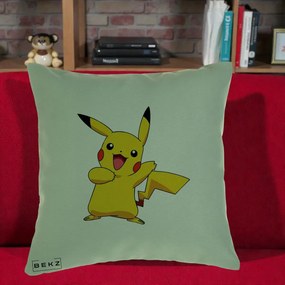 Perna Personalizata Pikachu Fericit, 40x40 cm, Verde, Husa Detasabila, Perna Inclusa, BEKZ®