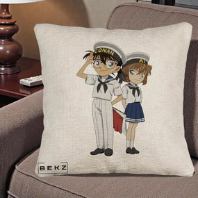 Perna Personalizata Detective Conan Conan si Ai Sailor, 40x40 cm, Bej Canapea, Husa Detasabila, Perna Inclusa, BEKZ®