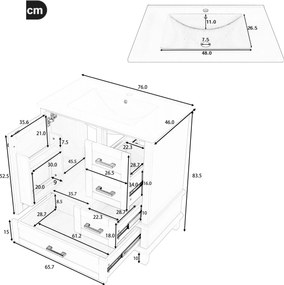 Dulap de baie pe podea cu chiuvetă, spațiu de depozitare variat, 76x46x83,5 cm, Gri