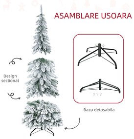 HOMCOM Brad Artificial de Craciun Inalt 180cm, Decor Tip Creion cu 523 de Crengute Pline de Zapada, Forma Coborata, Baza din Otel