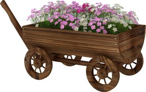 Outsunny Cărucior din lemn cu 4 roți și mâner Jardinieră exterioară cu orificiu de drenaj 115x40x54,5 cm Carbonizat | Aosom Romania