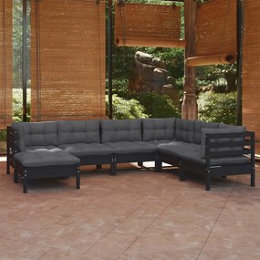 3096566 vidaXL Set mobilier grădină cu perne, 7 piese, negru, lemn masiv pin