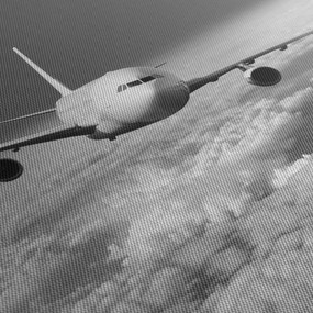 Tablou - Avion în nori, alb și negru (cu ceas) (90x30 cm)