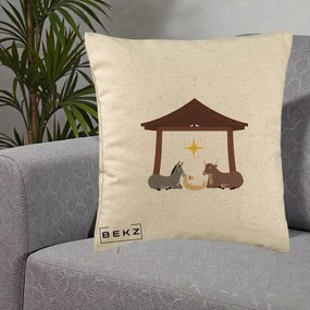 Perna Decorativa Ieslea din Betleem cu Iesle Asin si Bou, 40x40 cm, Bej, Husa Detasabila, Perna Inclusa, BEKZ®