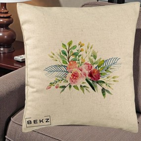 Perna Decorativa Buchet Flori Acuarela Roz-Verde, 40x40 cm, Bej, Husa Detasabila, Perna Inclusa, BEKZ®