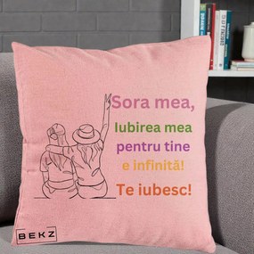 Cadou pentru Sora - Perna Personalizata Sora Mea Te Iubesc Doua Fete cu Palarie si Umbrela, 40x40 cm, Roz, Husa Detasabila, Perna Inclusa, BEKZ®
