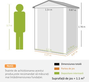 Outsunny Magazie de Grădină 1.1m² din Oțel Zincat, Magazie cu Porți Duble Largi Blocabile, Acoperiș Înclinat, Mănuși, Spațiu pentru Unelte, 133x87x178 cm, Gri Argintiu | Aosom Romania