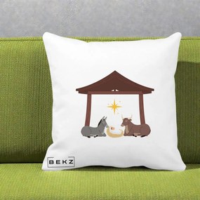 Perna Decorativa Ieslea din Betleem cu Iesle Asin si Bou, 40x40 cm, Alba Mata, Husa Detasabila, Perna Inclusa, BEKZ®