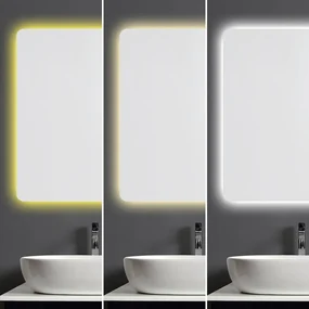 Oglindă LED Dreptunghiulară (90x65 cm), 3 Moduri Iluminare (Lumină Rece, Naturală, Caldă), Intensitate Reglabilă, Funcție Dezaburire, Ceas (Timer) și Termometru, Control Tactil (Touch)