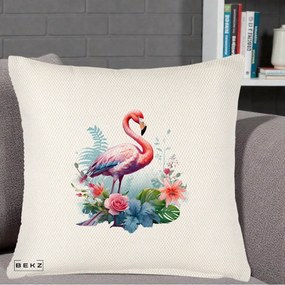 Perna Decorativa Flamingo cu Flori Tropicale Acuarela, 40x40 cm, Crem Reliefat, Husa Detasabila, Perna Inclusa, BEKZ®