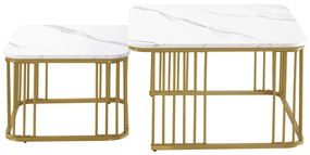 Set de 2 măsuțe pătrate din marmură lucioasă, măsuțe suprapozabile cu picioare aurii, 70×70×45 cm și 50×50×36,5 cm, Alb