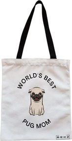 Sacosa de Panza pentru Cumparaturi, Geanta Tote, model World's best pug mom, Cu fermoar, 38x34.5 cm, Alba, BEKZ®
