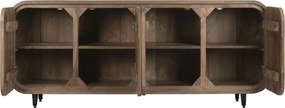 Bufet rustic din lemn de tec reciclat, natur, cu 4 uși cu colțuri rotunjite și picioare din metal negru, 80 x 200 x 45 cm, „Granville”