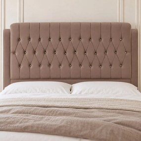 Pat tapițat Chesterfield din catifea Aveline Deluxe 180×200 cm, cappuccino, cu ladă de depozitare
