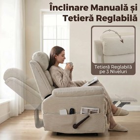 HOMCOM Fotoliu Reclinabil cu Funcție de Masaj și Încălzire, Chenille, Alb Crem | Aosom Romania