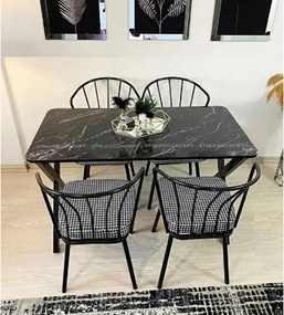 Set masa cu 4 scaune metal, Amsterdam Homs,negru marmurat/negru 70 x 110 cm