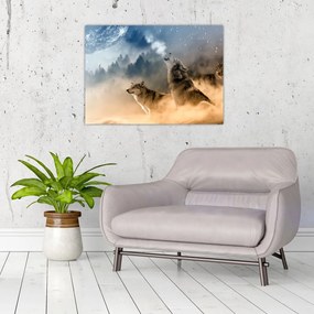 Tablou pe sticlă - lupii urlând la lună (70x50 cm)