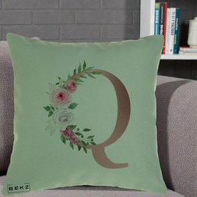Cadou Personalizat - Perna Personalizata Monograma Rose Gold Litera Q, 40x40 cm, Verde, Husa Detasabila, Perna Inclusa, BEKZ®