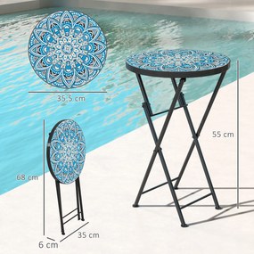 Outsunny Masă de grădină mozaic, Masă rotundă pliabilă pentru terasă cu cadru metalic și blat de ceramică, Model mozaic, Albastru | Aosom Romania