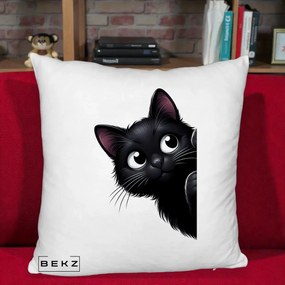 Perna Decorativa Pisica Neagra Dragalasa Curioasa, 40x40 cm, Alb Pufos, Husa Detasabila, Perna Inclusa, BEKZ®