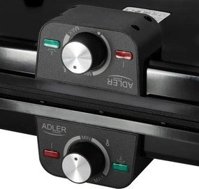 Grătar electric dublu pliabil Adler AD 6617, 3000 W, deschidere la 180°, 96 x 26 cm, plăci antiaderente, 2 termostate, tavă pentru grăsime, negru
