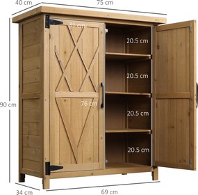 Outsunny Căsuță de Grădină pentru Unelte cu 2 Uși, 4 Rafturi și Bază Ridicată, 75x40x90 cm, Natural | Aosom Romania