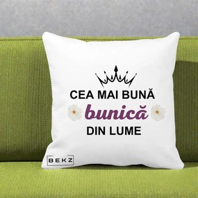 Cadou pentru Bunica - Perna Personalizata Cea Mai Buna Bunica Din Lume Coroana Mov Flori, 40x40 cm, Alba Mata, Husa Detasabila, Perna Inclusa, BEKZ®