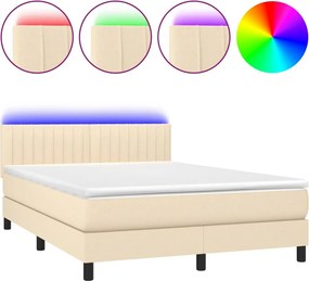 vidaXL Pat cu arcuri, saltea și LED, crem, 140x190 cm, textil