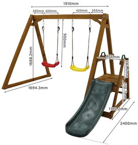 Leagăn Dublu pentru Copii din Lemn Masiv cu Tobogan de Grădină și Scară de Cățărat, Structură de Exterior, 239x240x169 cm, Natural